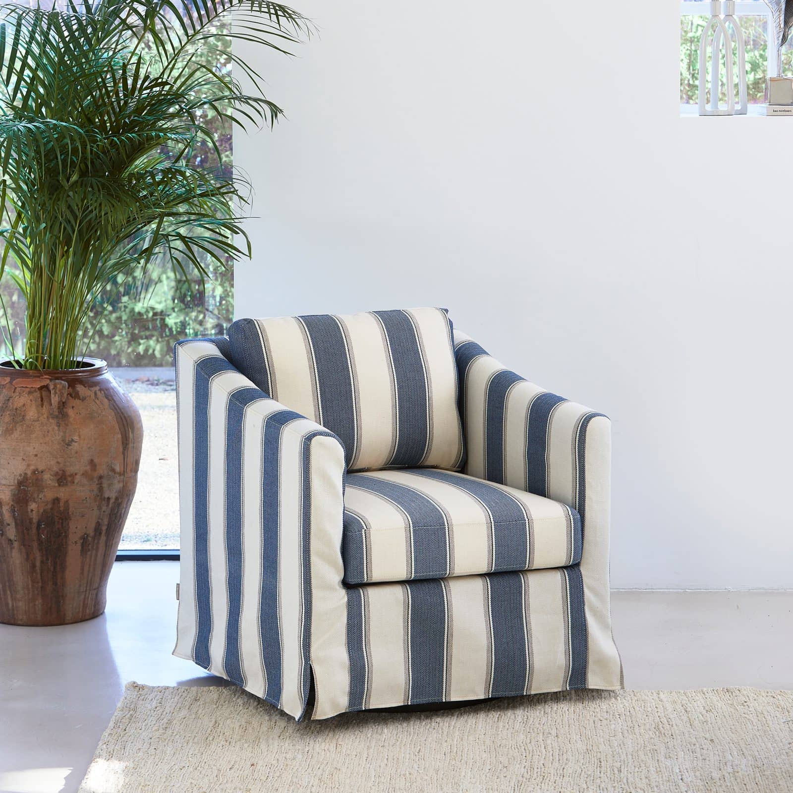Moretta Swivel Armchair, striped weave, blue stripe