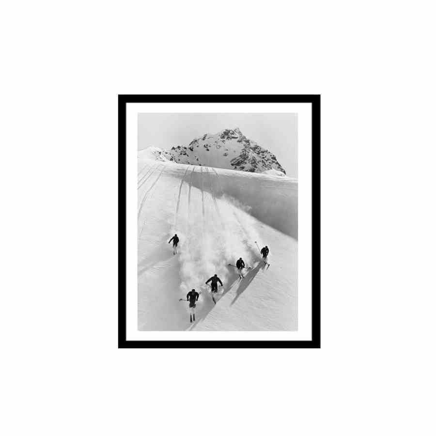Bilde av Glass picture w/frame five men skiing downhill