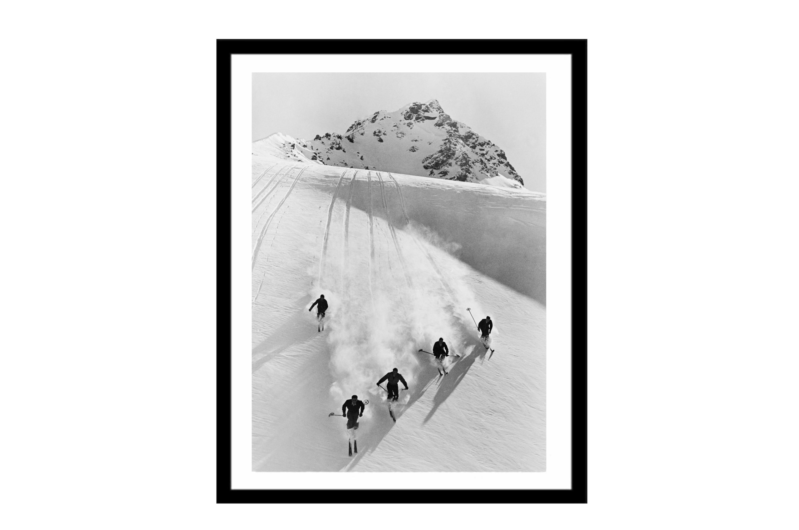 Bilde av Glass picture w/frame five men skiing downhill
