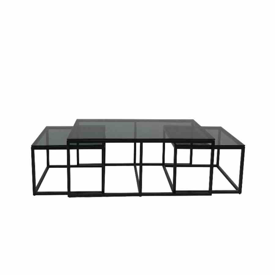Bilde av Oceanside sett av 3 bord sort metall Grey glass